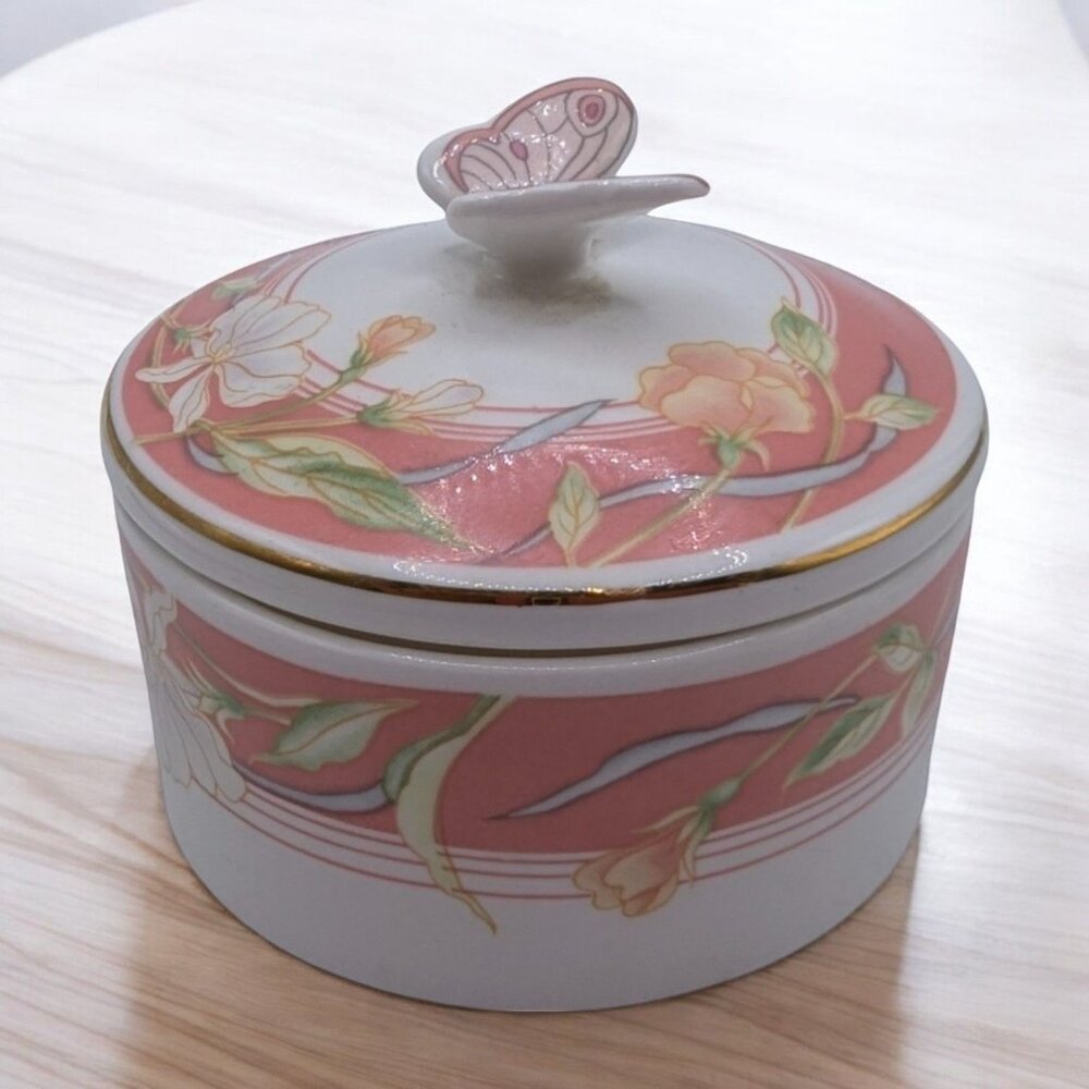 Vintage Lefton Pink Porcelain Trinket Box with Butterfly on Lid 1986